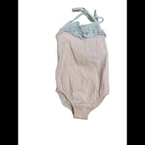 Bella Bliss Pink White Seersucker Swimsuit with Blue Ruffle Sz 3 k80